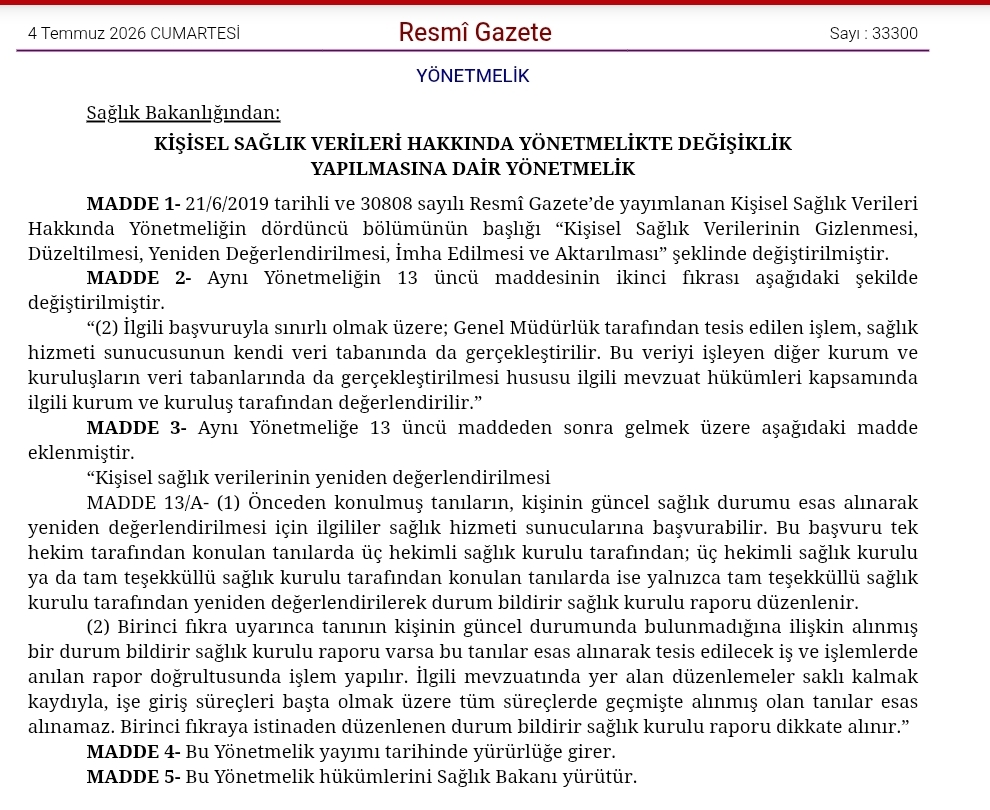 Kişisel Sağlık Verileri Hakkında Yönetmelikte Değişiklik Yapıldı: "Önceden Konulmuş Tanılar" İçin Yeni Dönem 1 WhatsApp Image 2026 07 04 at 07.06.42