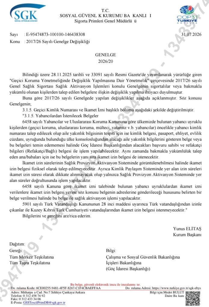SGK 2026/20 Sayılı Genelge Yayımlandı: Geçici Koruma Kapsamındaki Yabancıların Sağlık Provizyon Belge Standartları Yenilendi 1 WhatsApp Image 2026 07 31 at 17.51.15