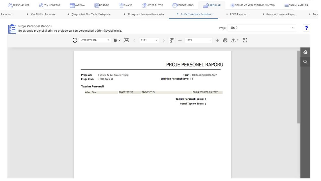 Prozon Ar-Ge Teknopark raporlarında proje seçimi ile proje personel raporu oluşturma