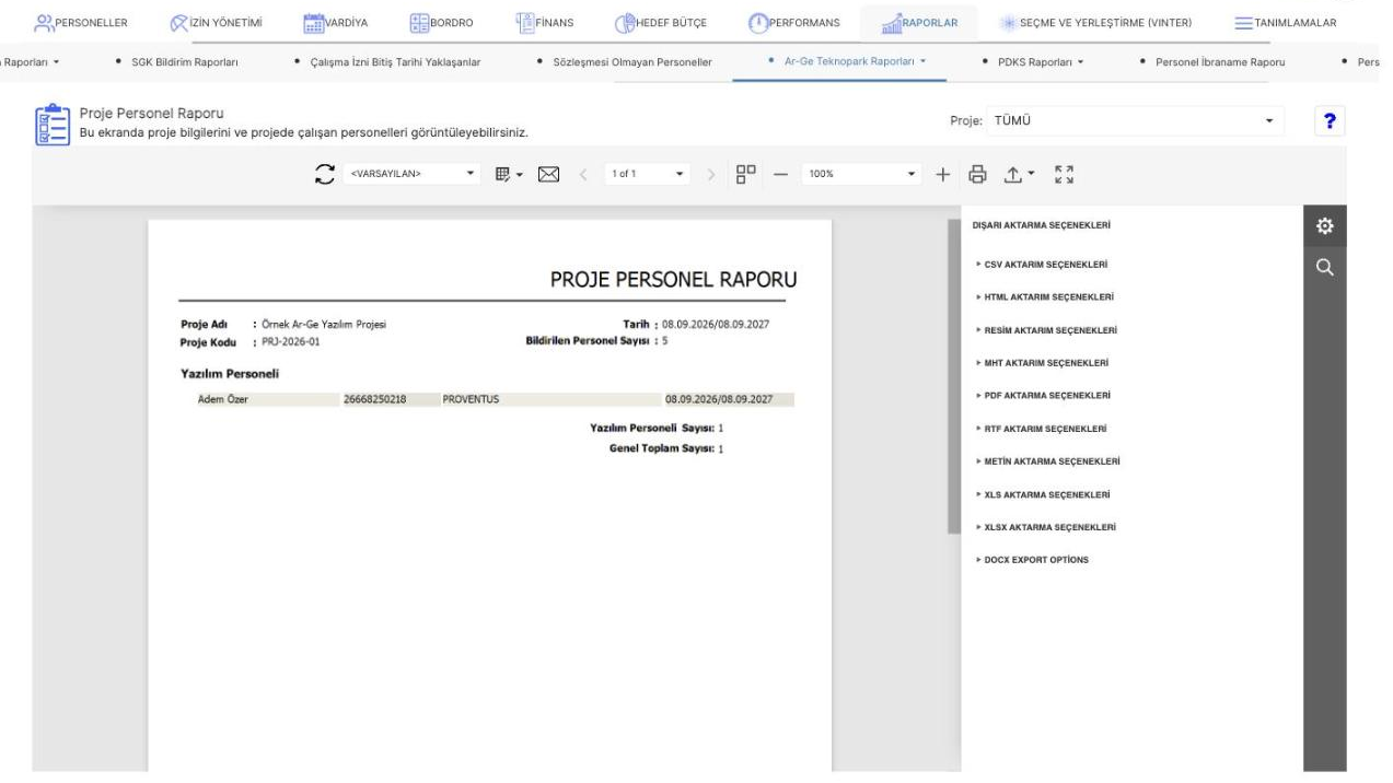 Prozon Ar-Ge Teknopark raporlarında dışarı aktarma seçeneklerinin bulunduğu Ayarlar ekranı