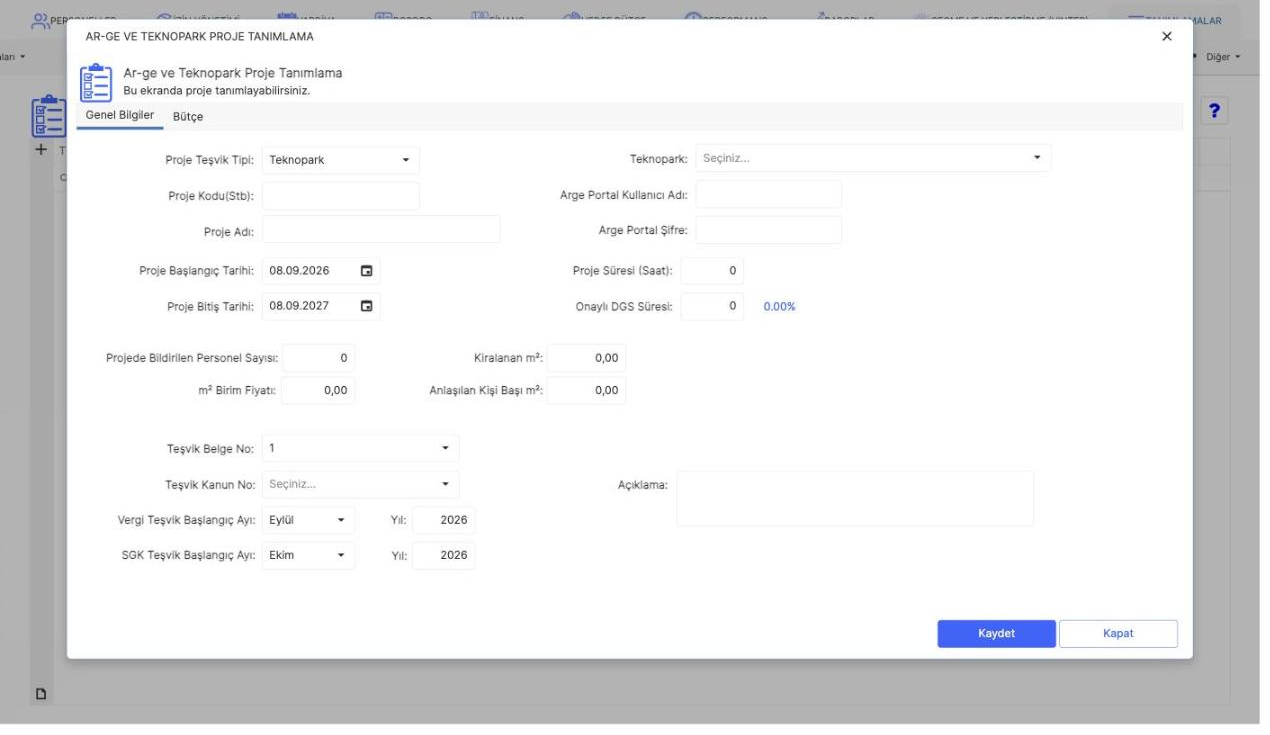Ar-Ge ve Teknopark projelerinin listelendiği ekran ve yeni proje eklemeye yarayan + butonu