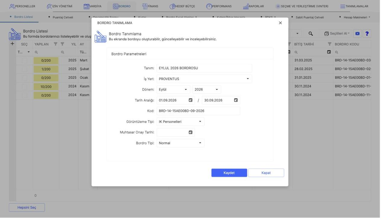 Bordro Listesi ekranında + butonuyla açılan yeni bordro icmal kaydı oluşturma penceresi