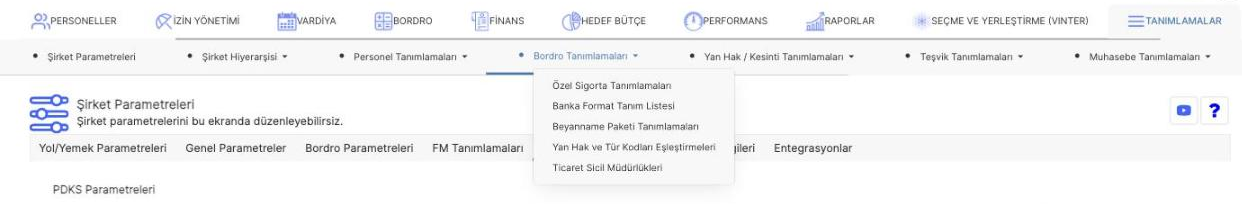 Prozon Tanımlamalar bölümündeki Bordro Tanımlamaları menü seçenekleri