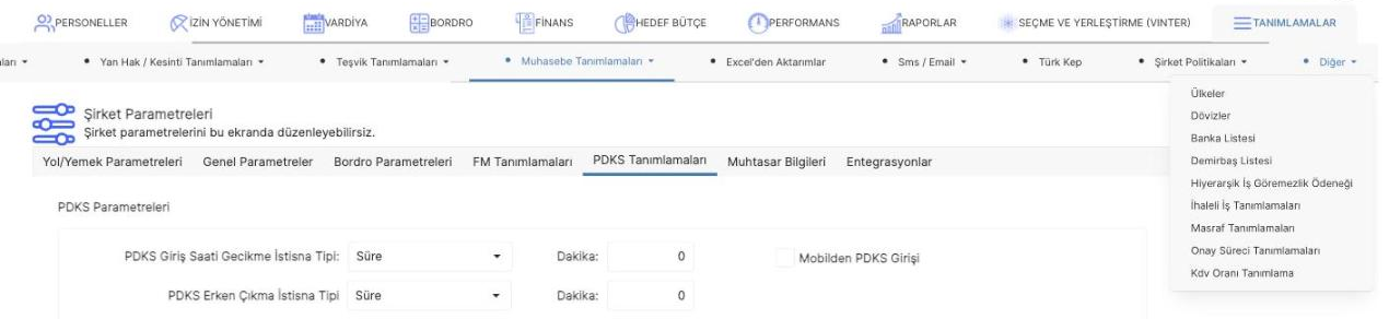 Prozon Tanımlamalar bölümündeki Diğer Tanımlamalar menü seçenekleri