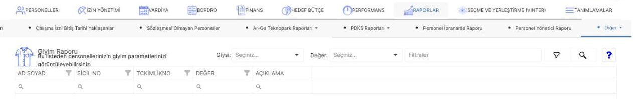 Prozon giyim raporunda personellerin giyim parametrelerinin giysi ve değere göre listelenmesi