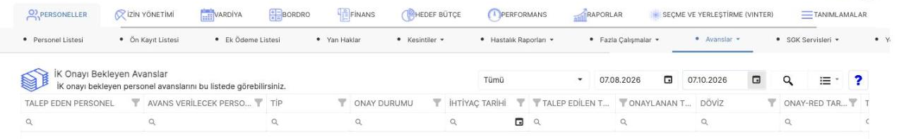 İK onayı bekleyen personel avanslarının listelendiği ekran