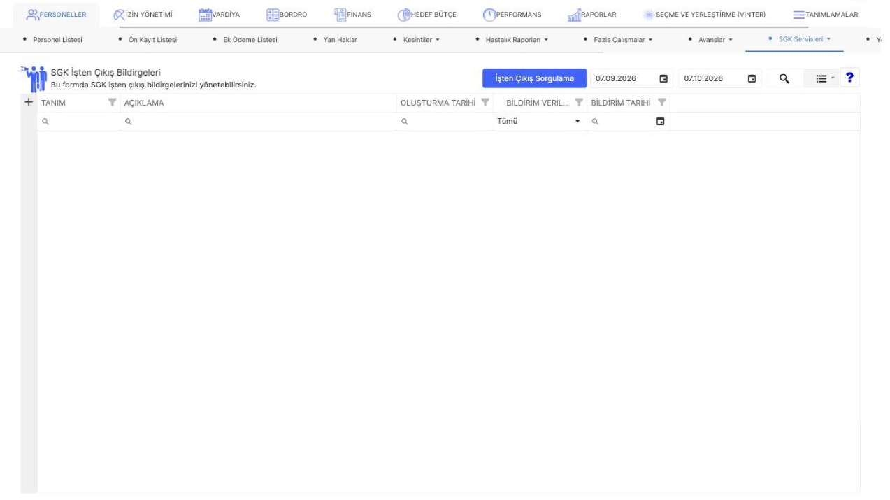Sistem üzerinden verilen SGK işten çıkış bildirgelerinin listelendiği ekran