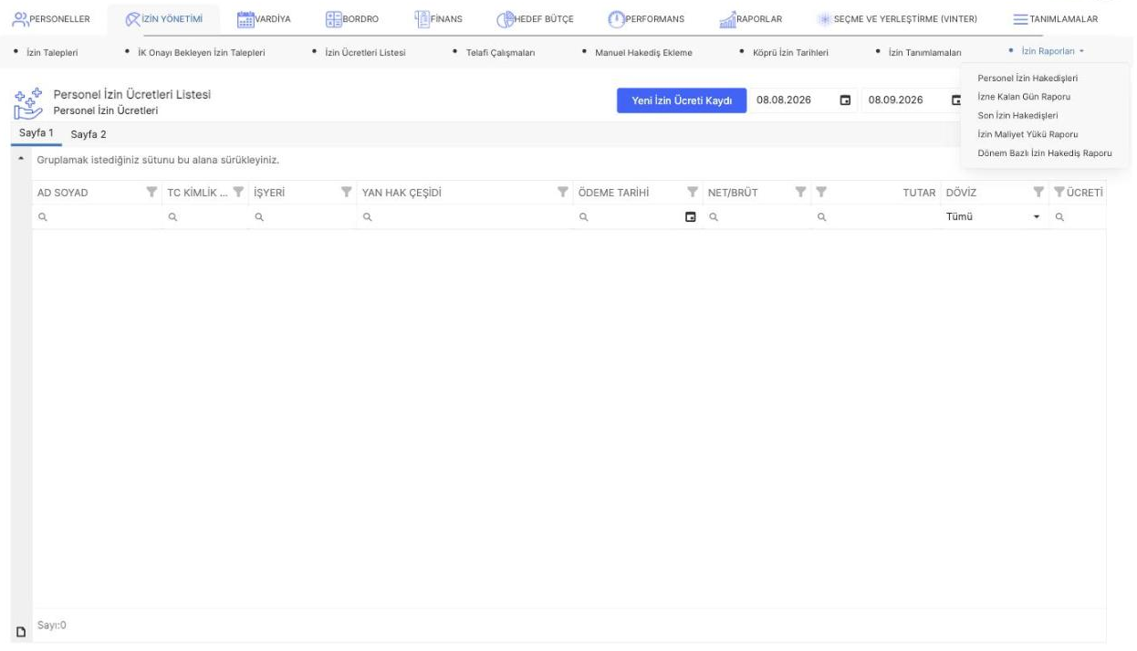 İzin Yönetimi altındaki İzin Raporları menü seçenekleri