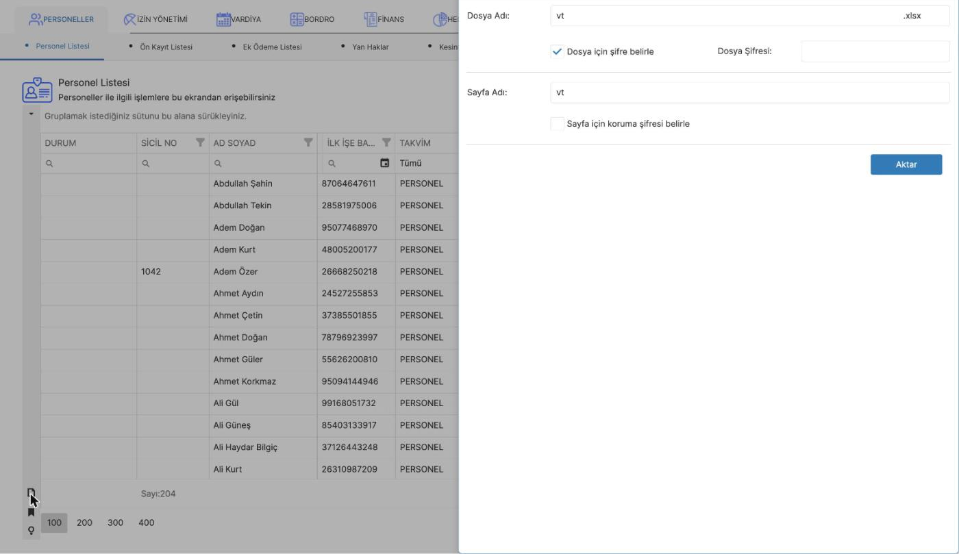 Dosya adı, şifre ve sayfa adı belirlenerek personel listesinin Excel'e aktarıldığı ekran