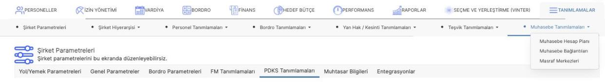 Prozon Tanımlamalar bölümündeki Muhasebe Tanımlamaları menü seçenekleri