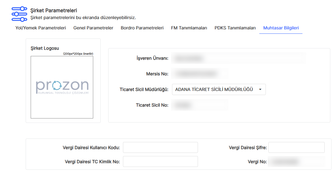Şirket Parametreleri ekranının Muhtasar Bilgileri sekmesi