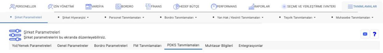 Şirket Parametreleri ekranındaki PDKS Tanımlamaları sekmesi