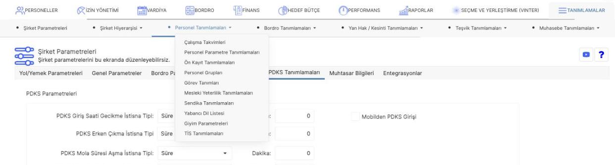 Prozon Tanımlamalar bölümündeki Personel Tanımlamaları menü seçenekleri