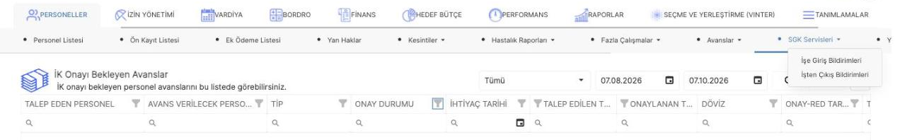 İşe giriş ve işten çıkış bildirimlerine erişilen SGK Servisleri menüsü