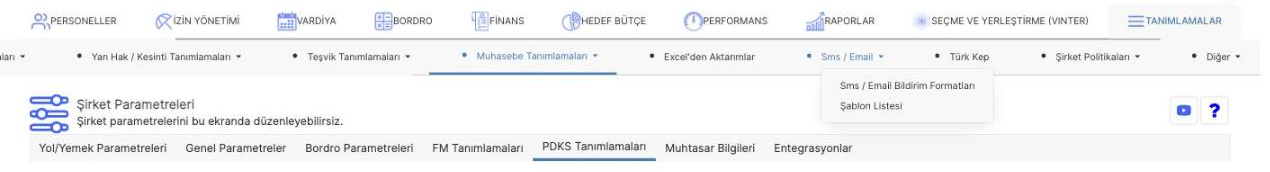 Prozon Tanımlamalar bölümündeki SMS / Email menü seçenekleri