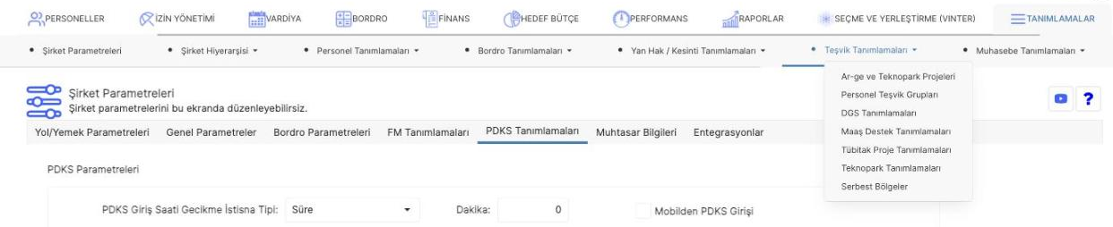 Prozon Tanımlamalar bölümündeki Teşvik Tanımlamaları menü seçenekleri