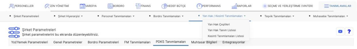 Prozon Tanımlamalar bölümündeki Yan Hak / Kesinti Tanımlamaları menü seçenekleri