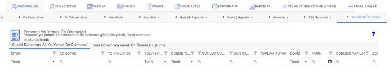 Önceki dönem yol/yemek ön ödemeleri ve yeni dönem oluşturma sekmeleri